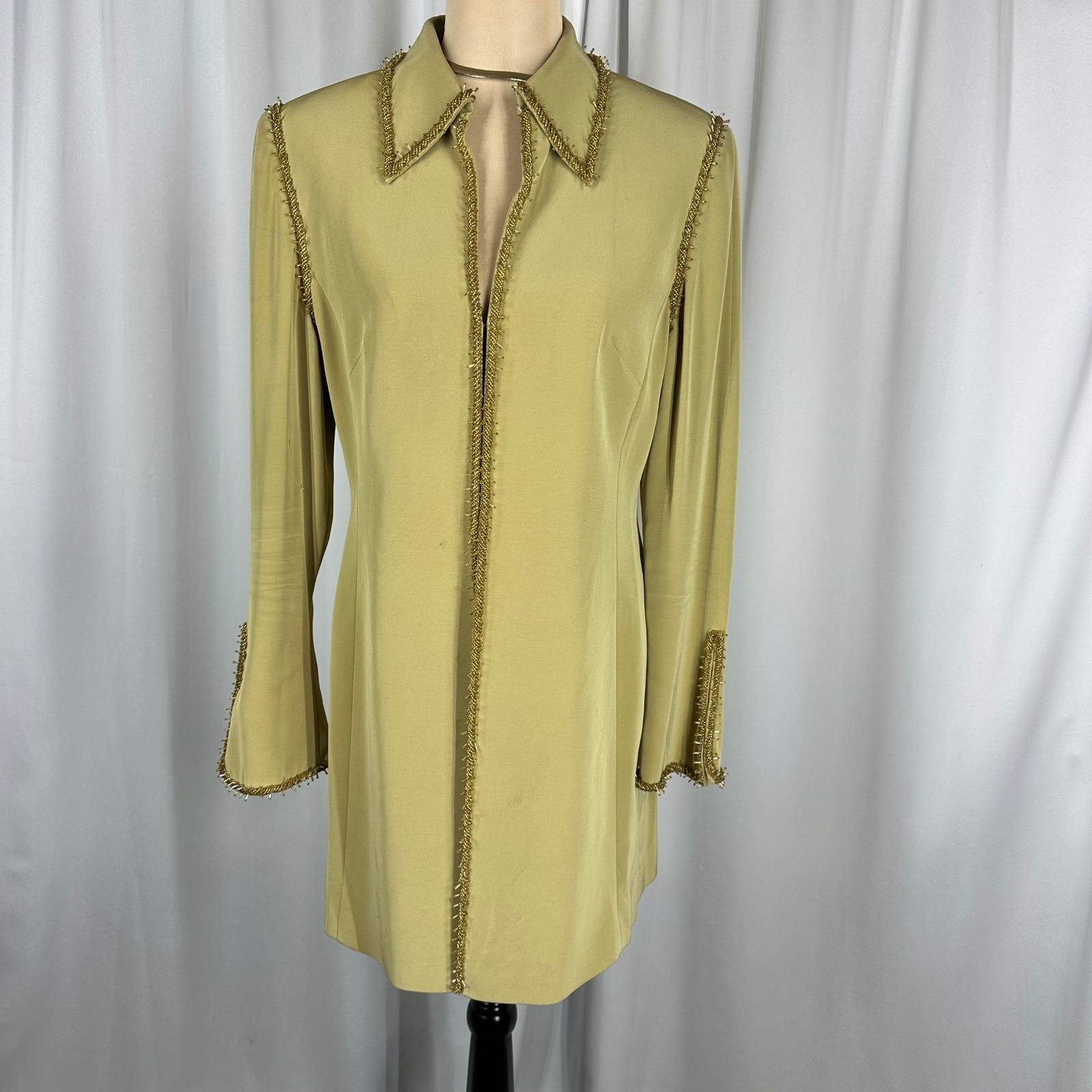 Sioni Couture Beaded Trim Mini Open Front Jacket Chartreuse Gold Vtg Sz 8 READ