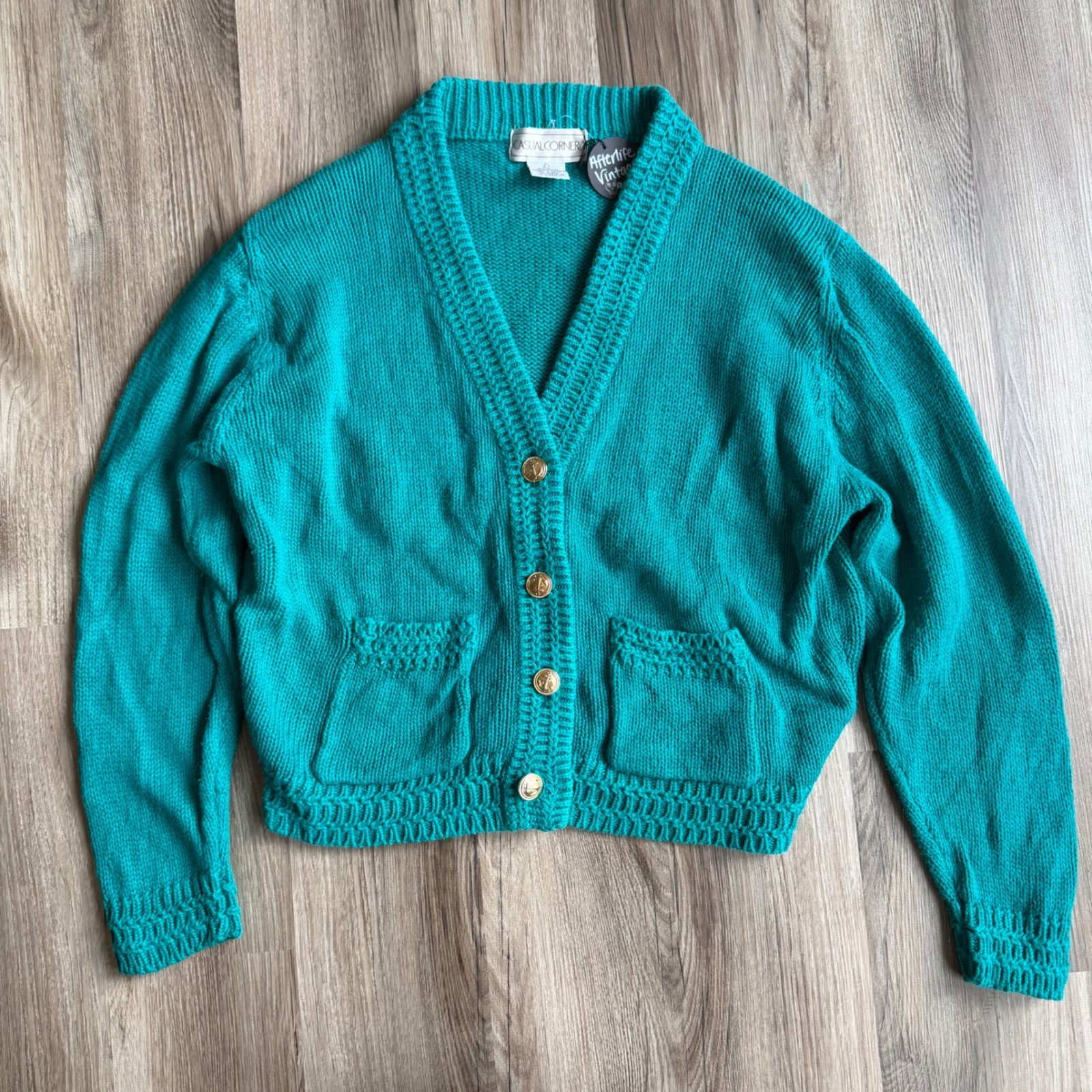 Vintage Teal Green Ramie Cotton Knit Anchor Button Cardigan L Chunky Knit