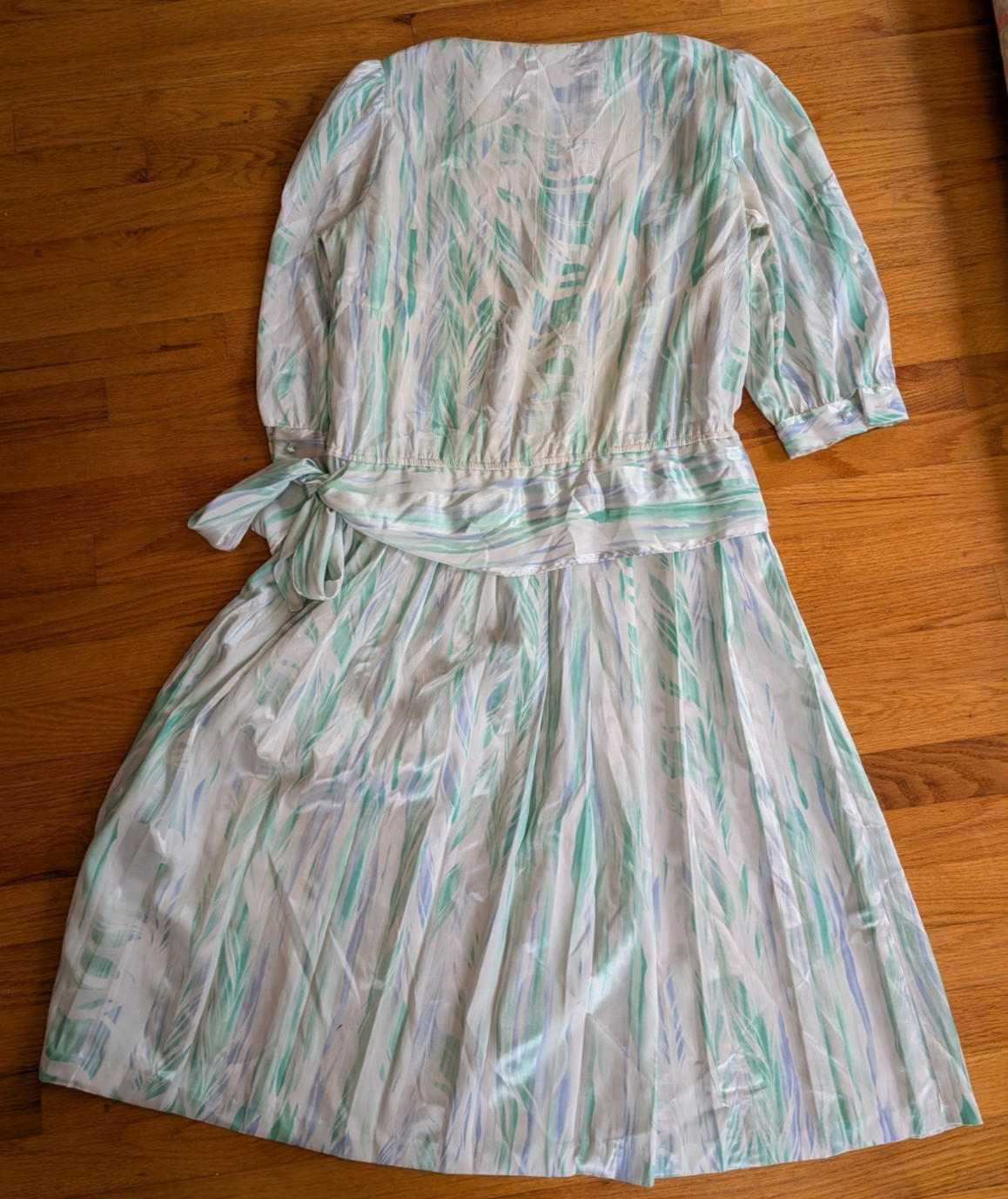 Vintage 1980s Alexis Fashion Inc Blue Green White Cottage Easter Sheer Dress Med