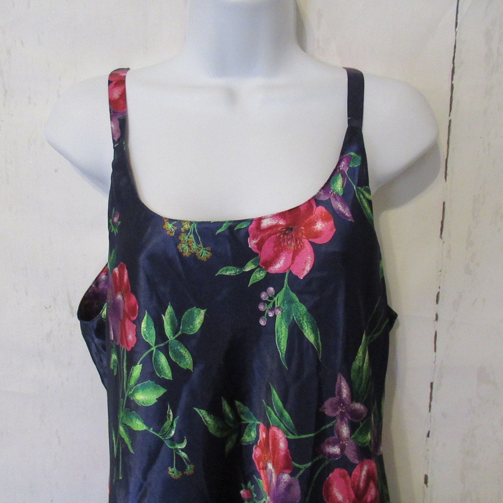 Vintage Go Softly Nightgown L Navy Blue Floral Maxi Satin Slip Dress