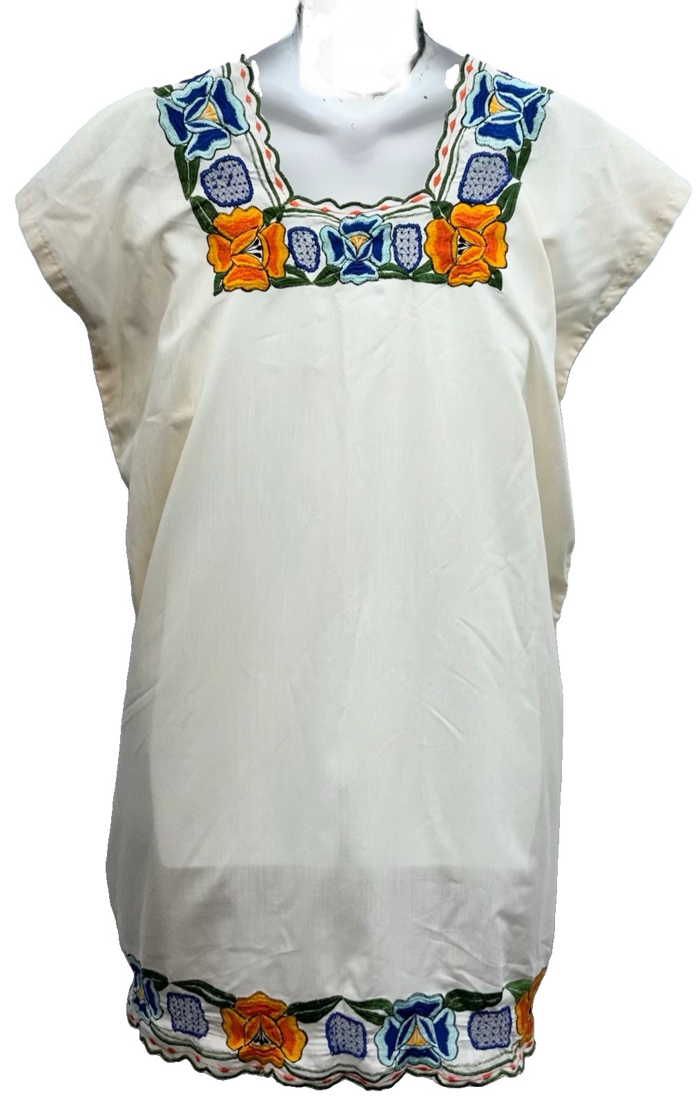 Handmade Mexican Dress Size L Pullover Embroidered Floral Neck-Bottom Hem Beige