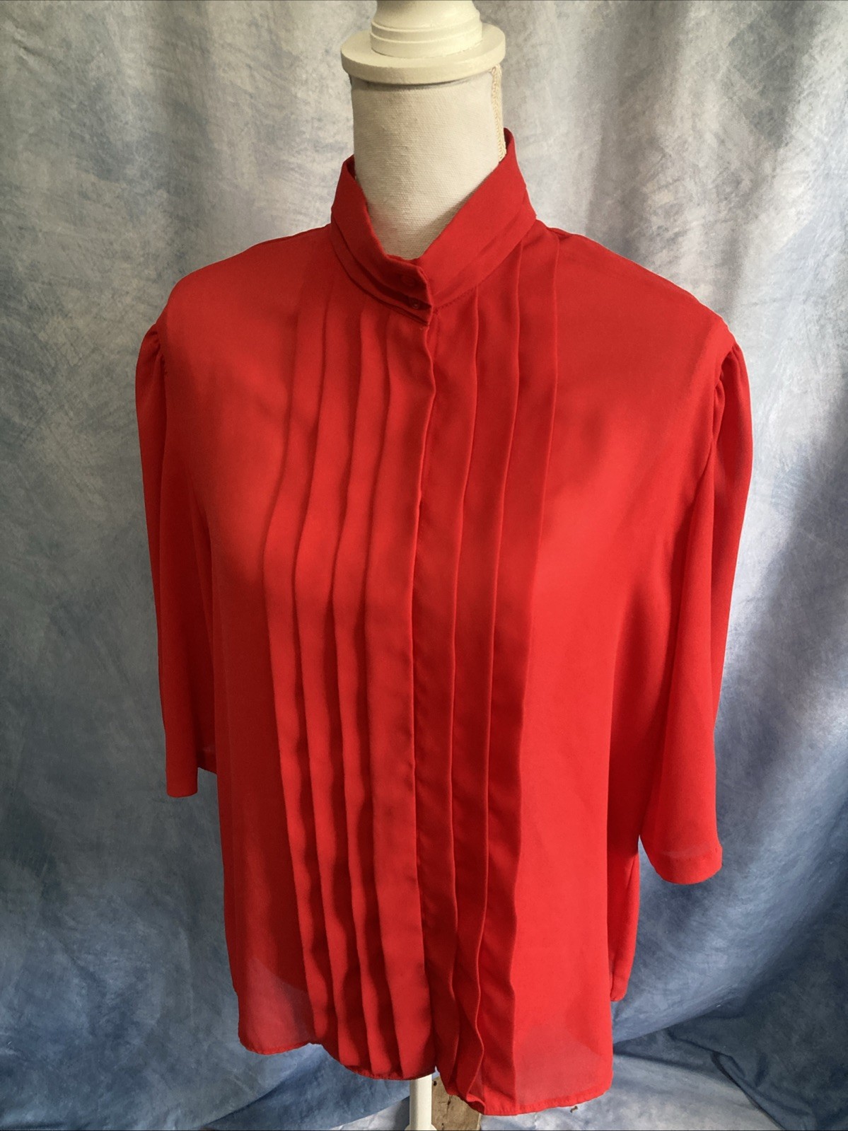 Vtg 80s Chadwyck Secretary Blouse 16 Red Pleats Tuxedo Crepe Sheer USA Mock Neck