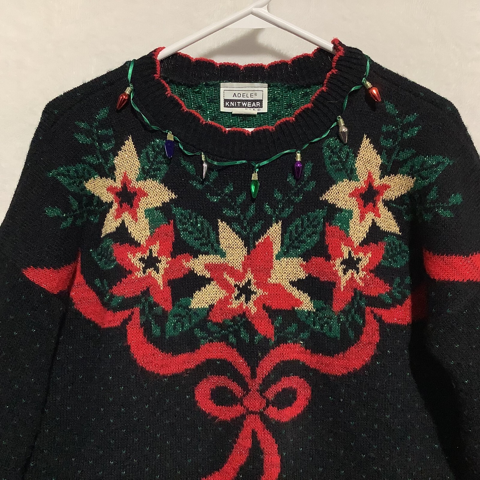 Adele Knitwear Sweater Poinsettia Glittery Christmas Holiday Party XL** USA Made