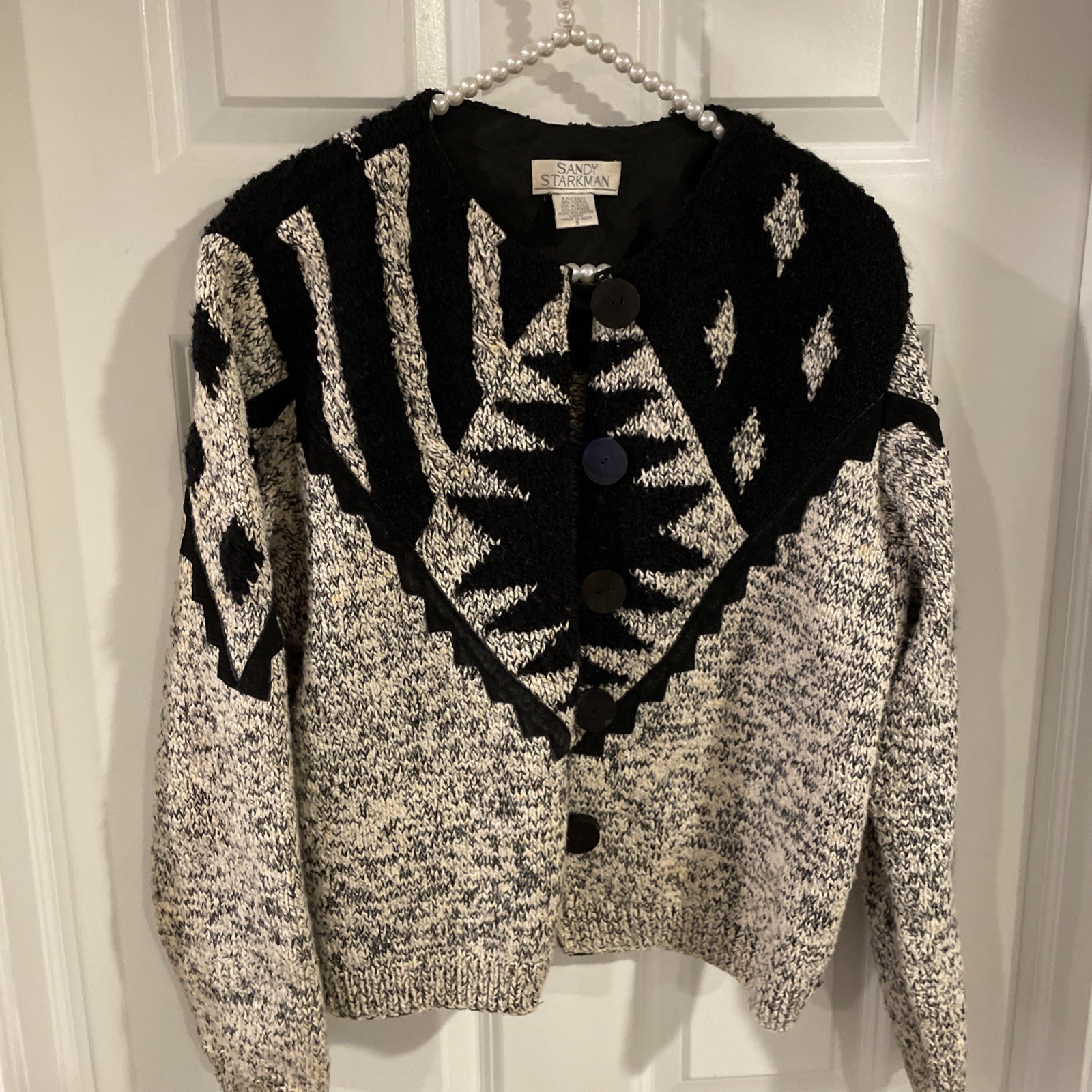 Vintage Cardigan Sandy Starkman Black Gray 70’s – 90’s Wearable Art Patchwork