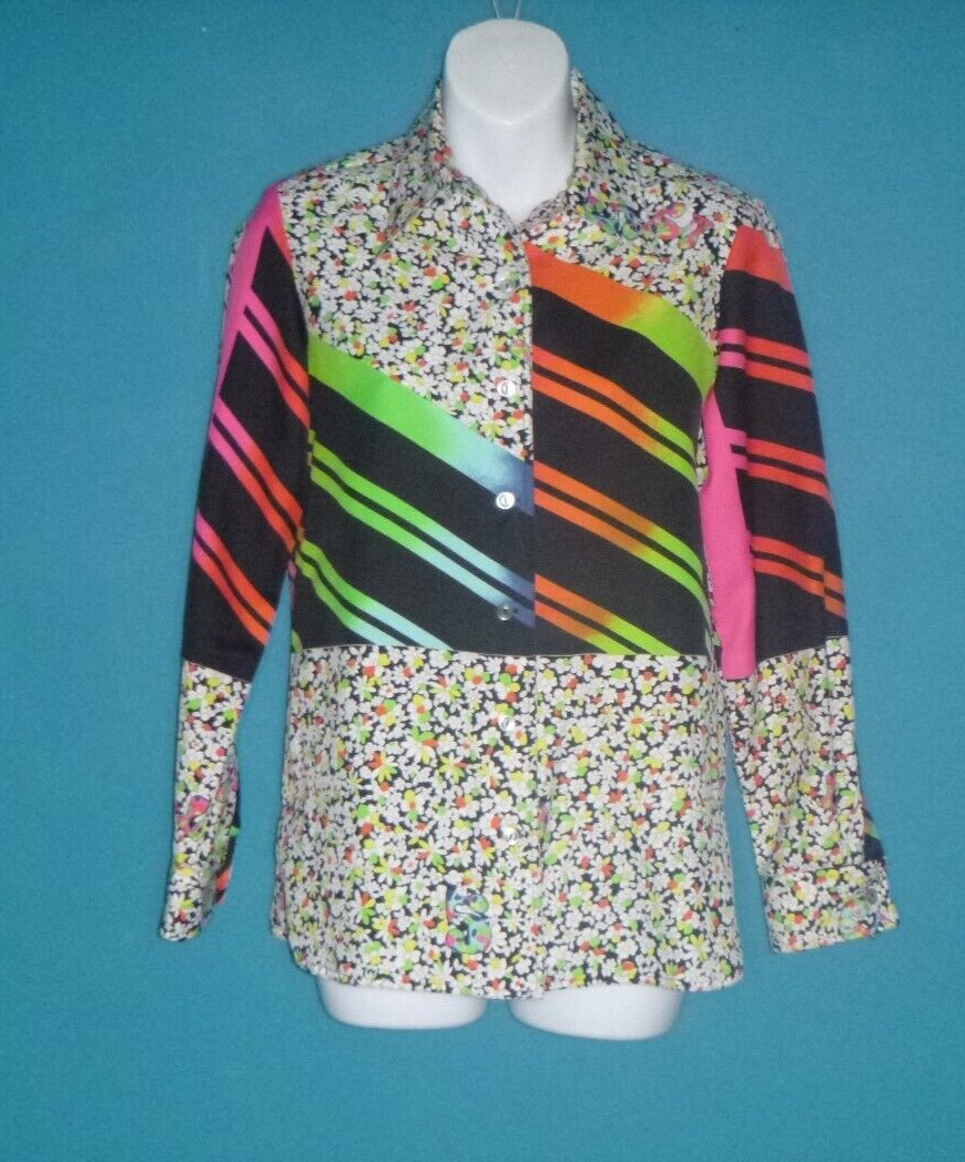 Vtg 70s King James California GROOVY Blouse Shirt MOD Floral Neon Stripes Sz S/M