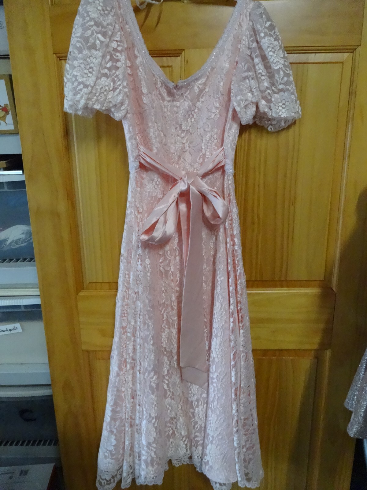 Vtg 80s Powder Pink Lace over satin Evening Wedding Prom Dress UNION Made 7/8