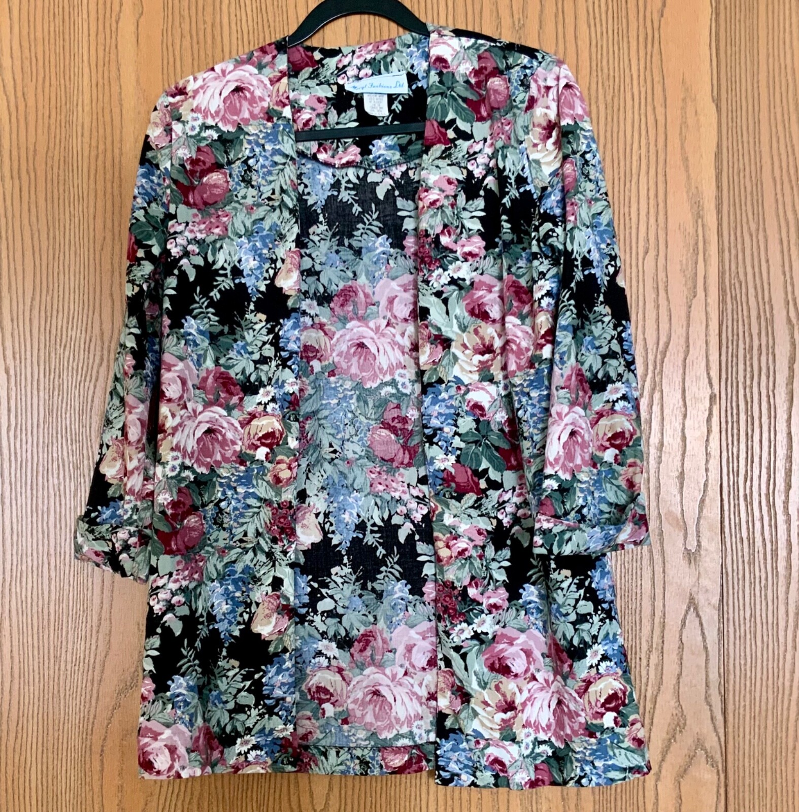 VINTAGE MERYL FASHIONS LTD FLORAL OPEN FRONT CUFFED 3/4 SLEEVE BLAZER JACKET 8