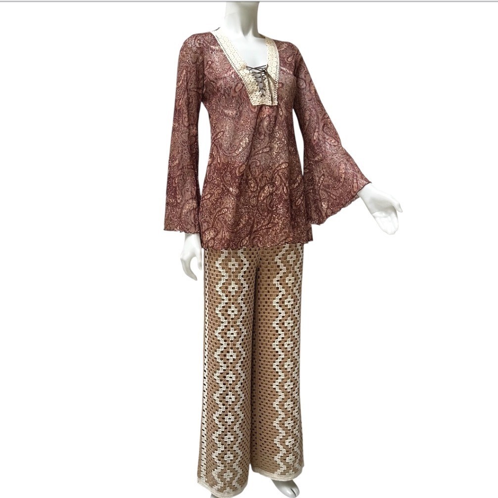 Vtg 90s Bisou Bisou Paisley Lace Bell Sleeve Top Boho S Whitchy Whimsygoth USA
