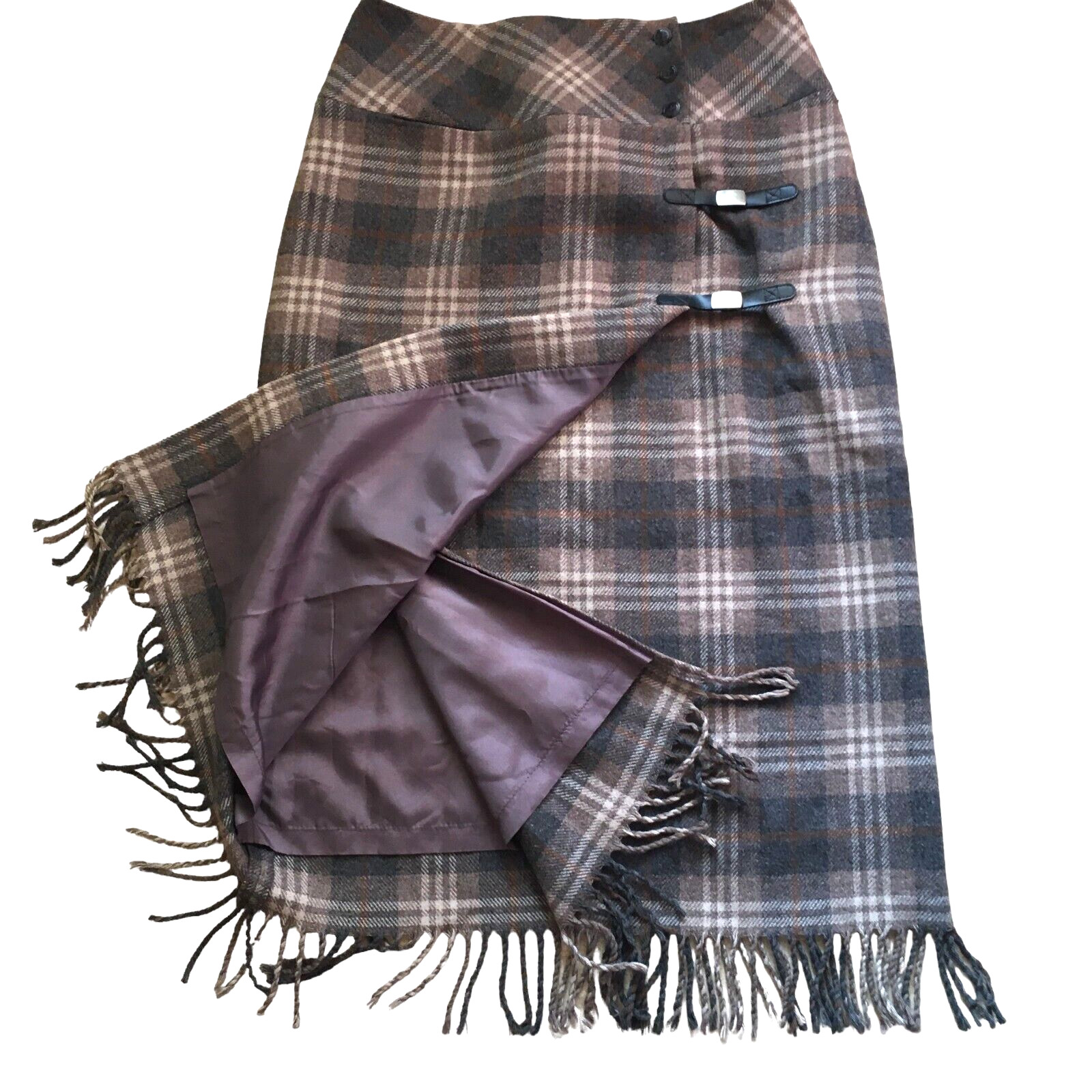 Vintage 80’s David N. Sz. 8 Womens Midi Wrap Skirt Plaid Fringe Wool Blend Lined
