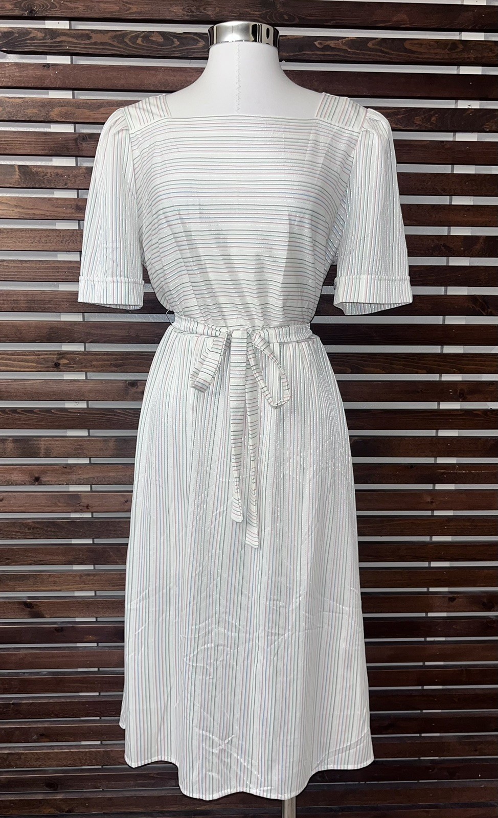 1970s Vintage White Pink Green Purple Striped Silver Metallic Tie Waist Dress