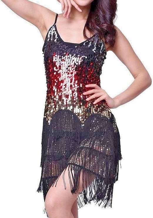 Flapper Gradient Sequin Fringe Party Dress w/Adjustable Straps Size Small