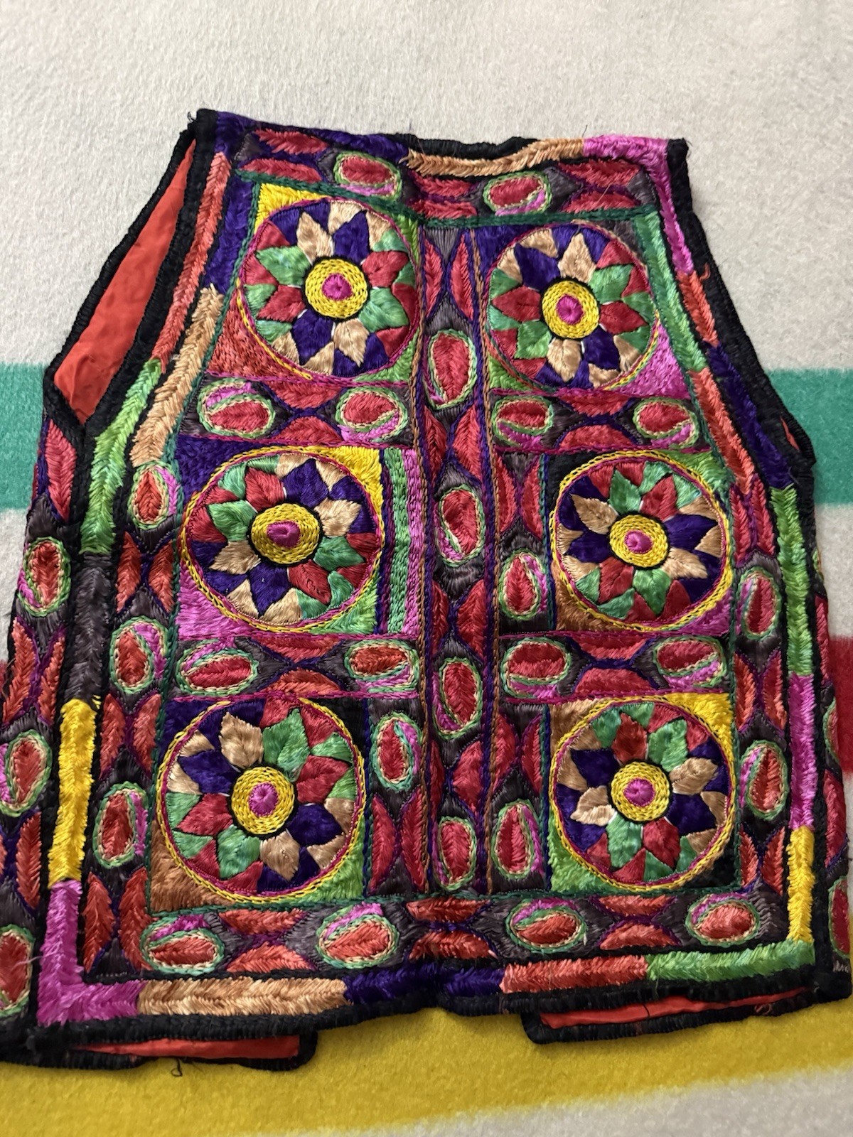 Vintage 50s 60s Afghan Hippie Flower Embroidery Vest Extra Small XS Colorful