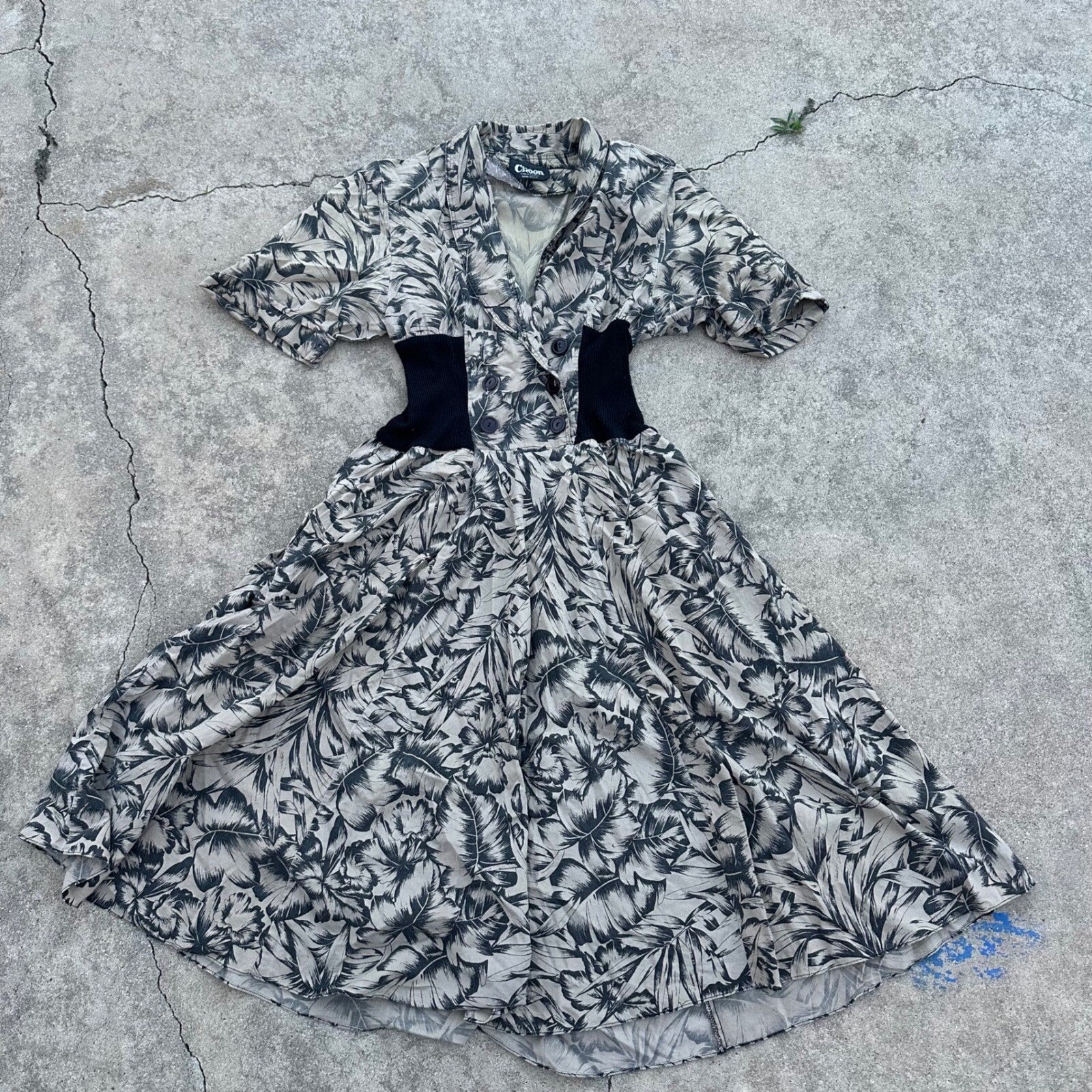 Choon California Dress Palm Leaf Print Corset Waist Button Up Vintage