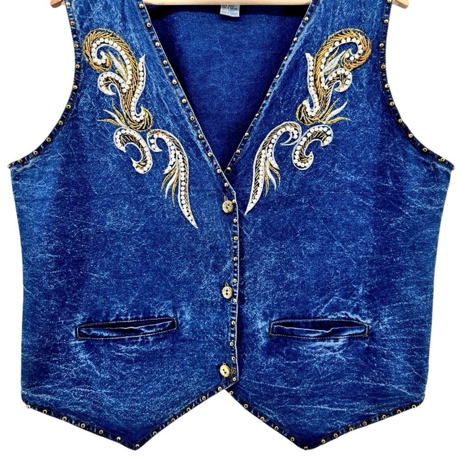 Vtg Pretty Bleu Gold Embellished Western Denim Jean Vest Sz L Beaded Embroidery