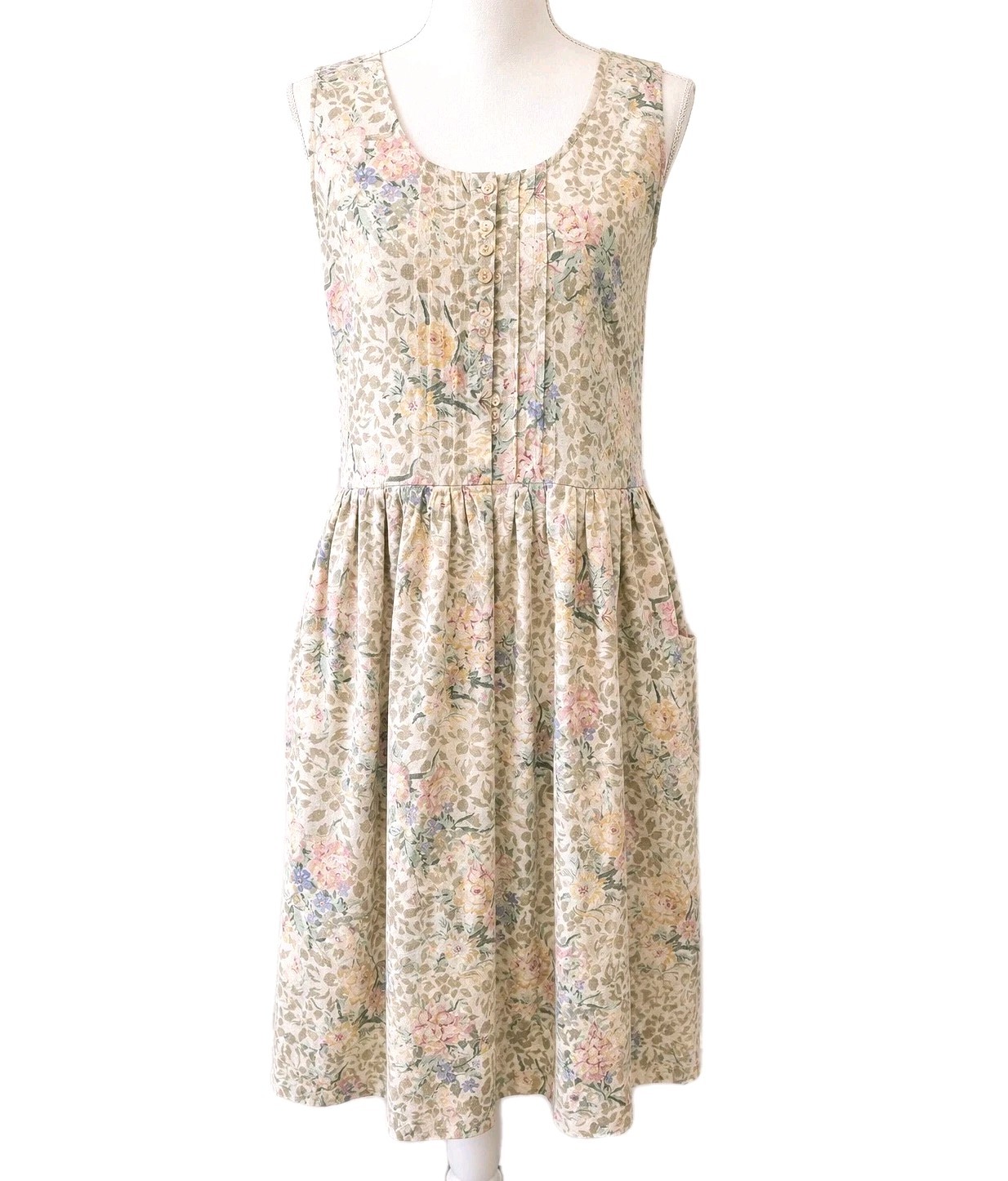 VTG Bryan Connelly Sz 6 Linen Blend Floral Cottagecore Midi Dress Pockets Button