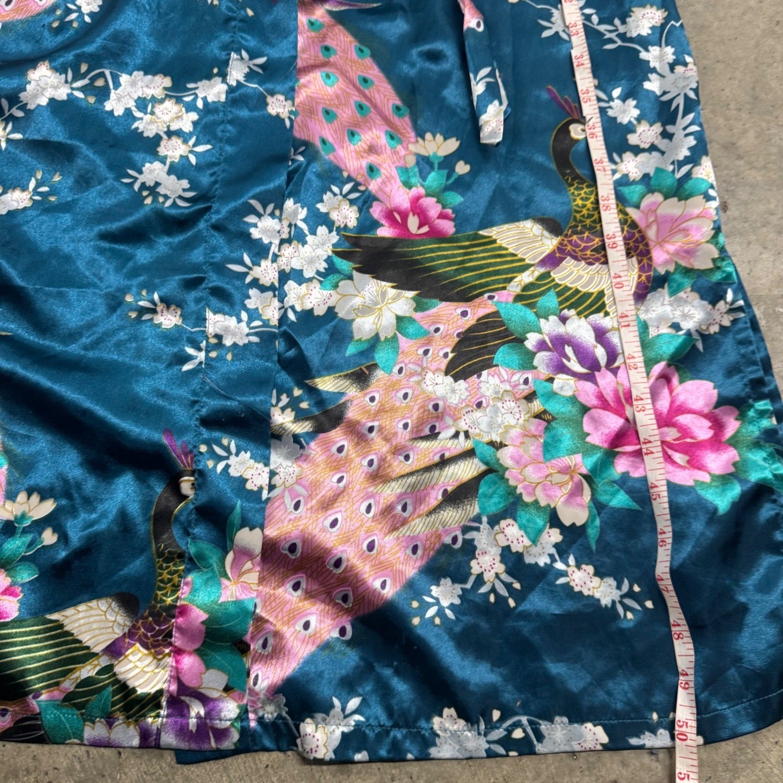 Babeyond Teal Satin Peacock Floral Long Kimono Robe Old Money Boho Retro Y2k