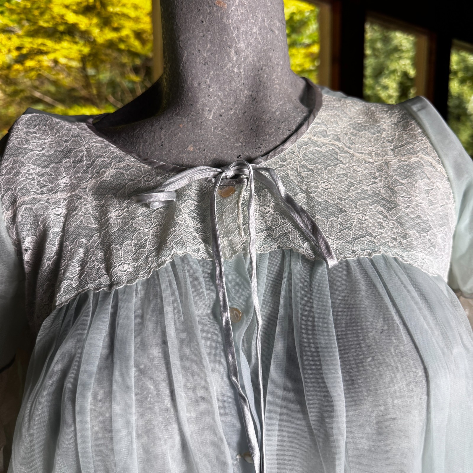 Vintage 60s 70s Evette Chiffon Babydoll Nightgown Peignoir Lace Sheer Size Large