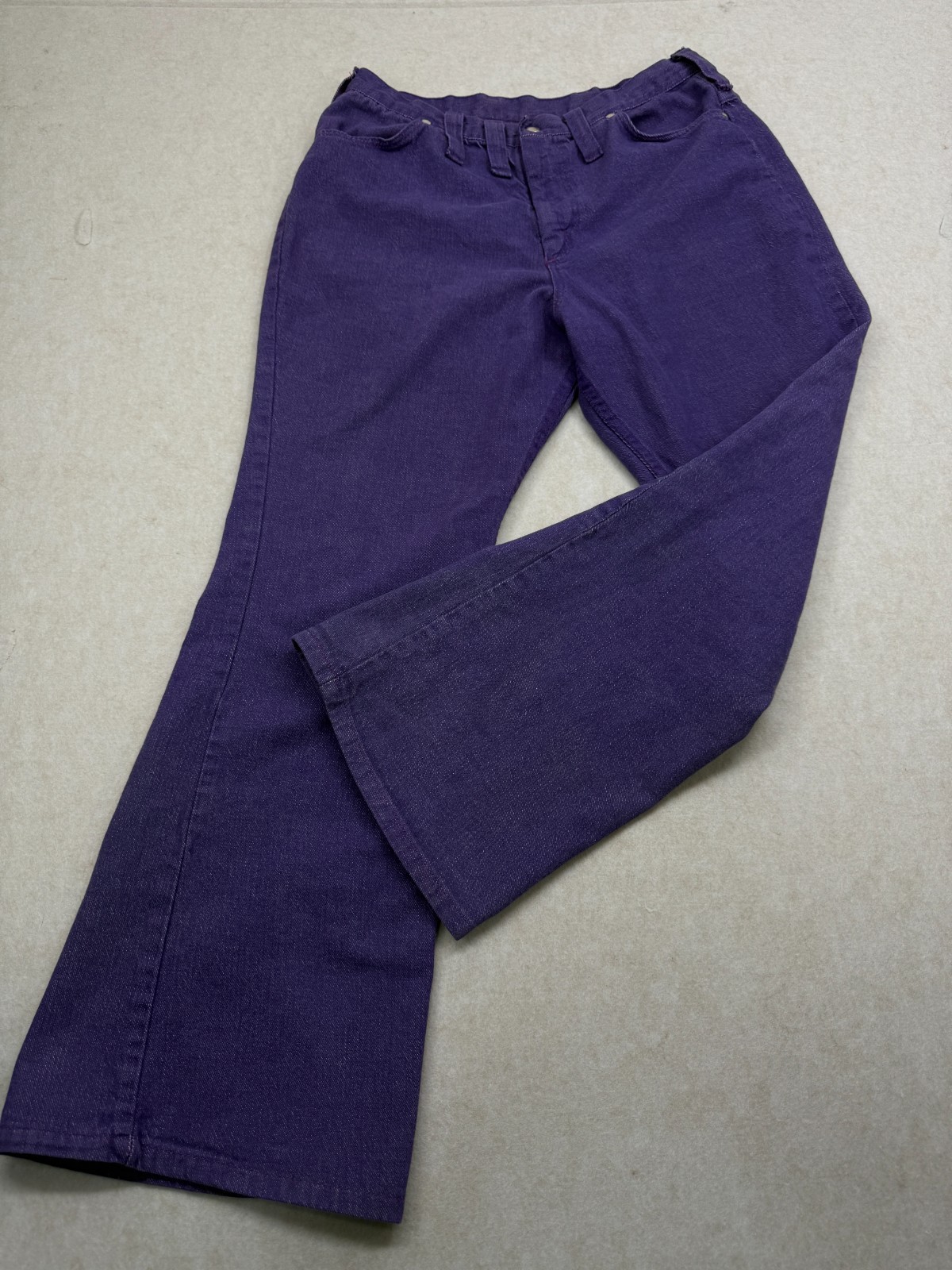 Vintage 1970s Maverick Blue Bell Purple Denim Jeans High Rise Bell Bottom USA 18