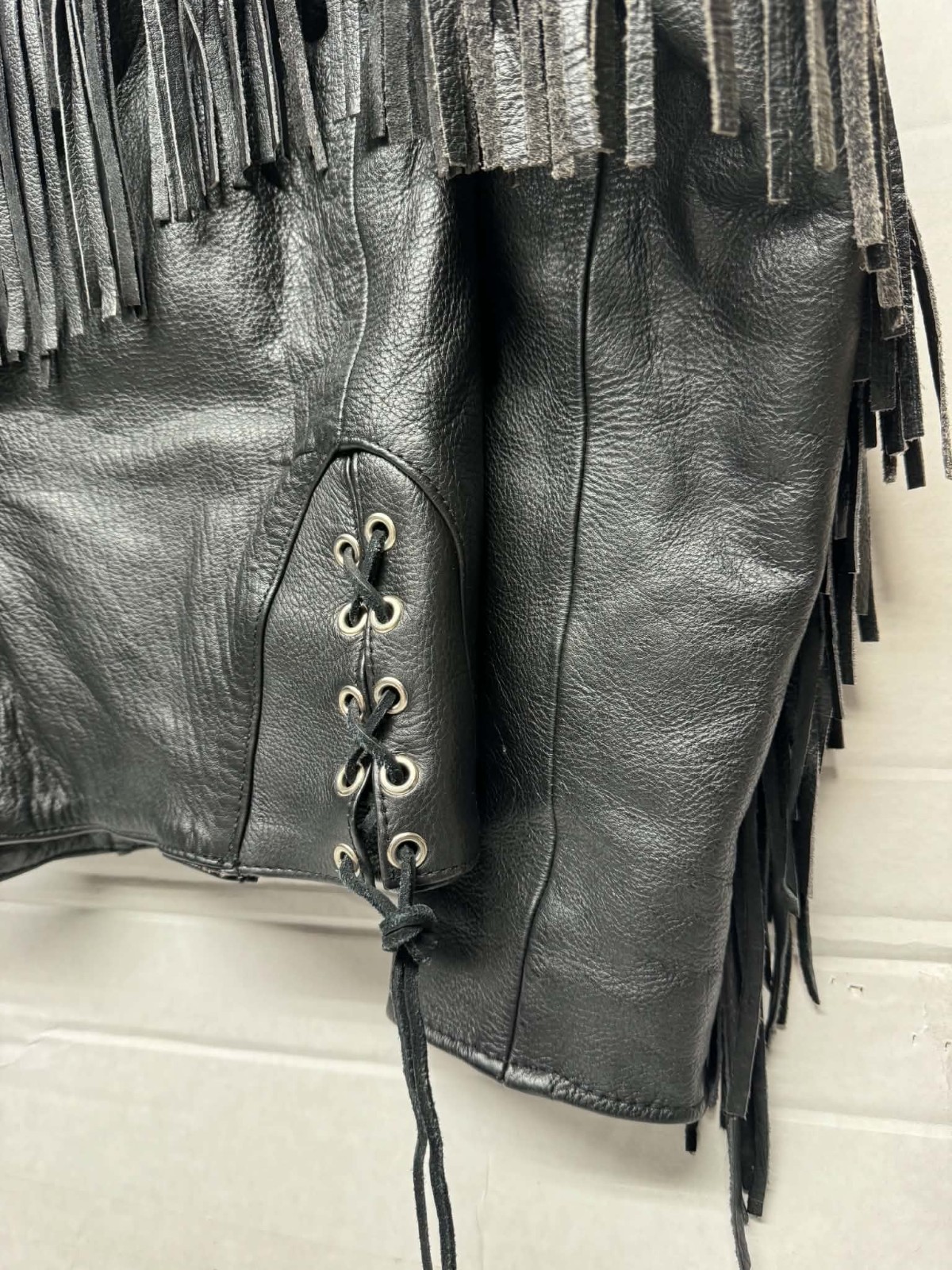 Vintage Black Leather Biker Jacket Women’s Fringe Turquoise Rose Appliqué