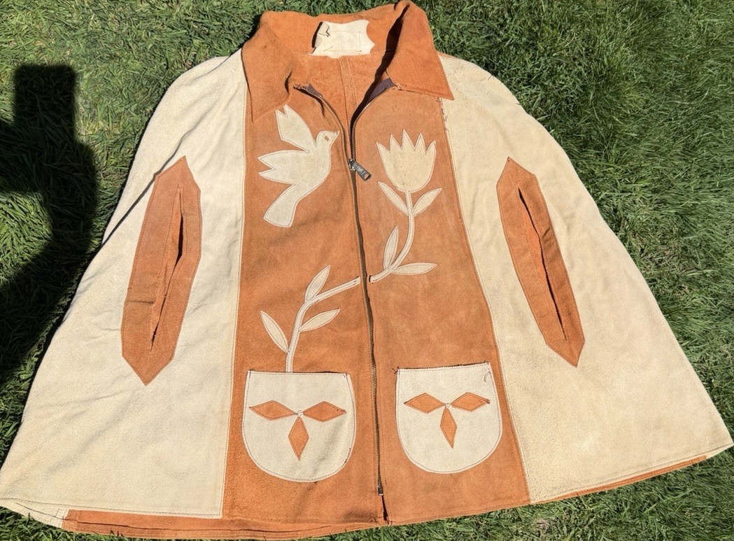 Vintage 60’s 70’S Suede Leather Cape Poncho Boho Hippie Floral Mexico’s preowned