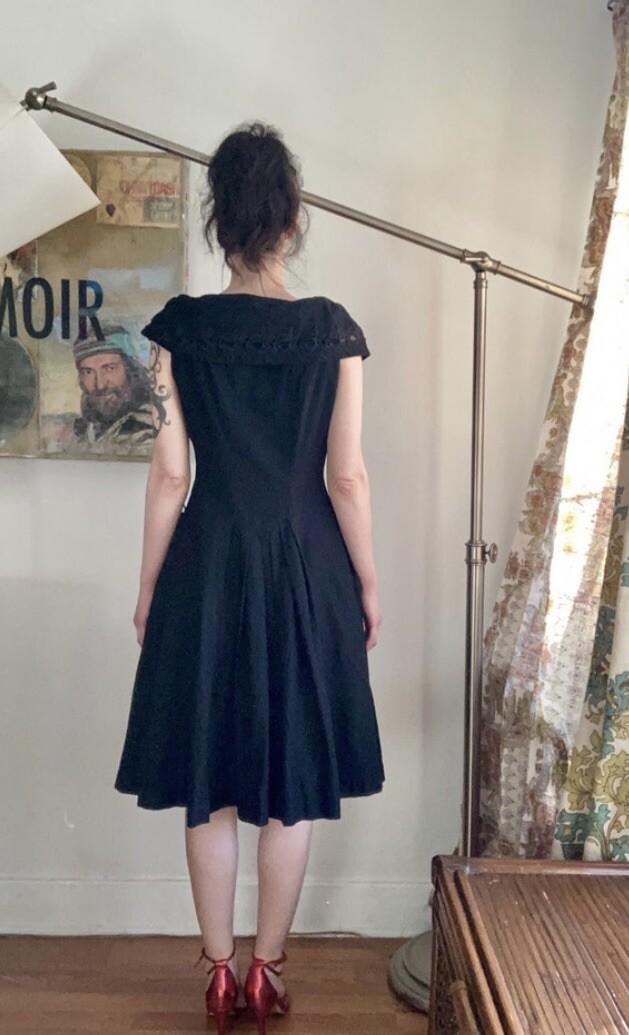Vintage 1950s Women’s Button front lace detail black Carlye Dress Rockabilly