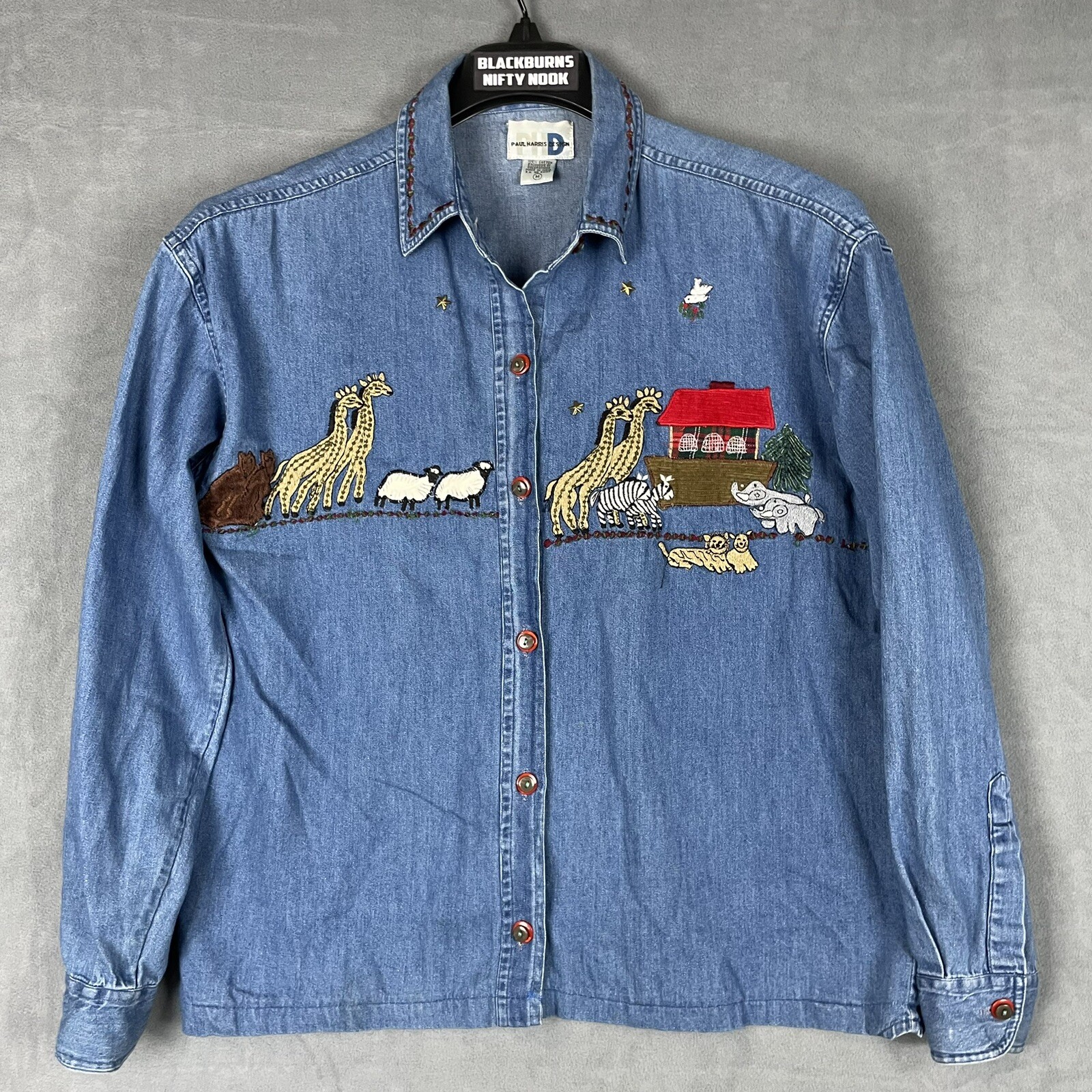 Paul Harris Design Vintage Noah’s Ark Denim Shirt Cross Stitch GrannyGore 90s