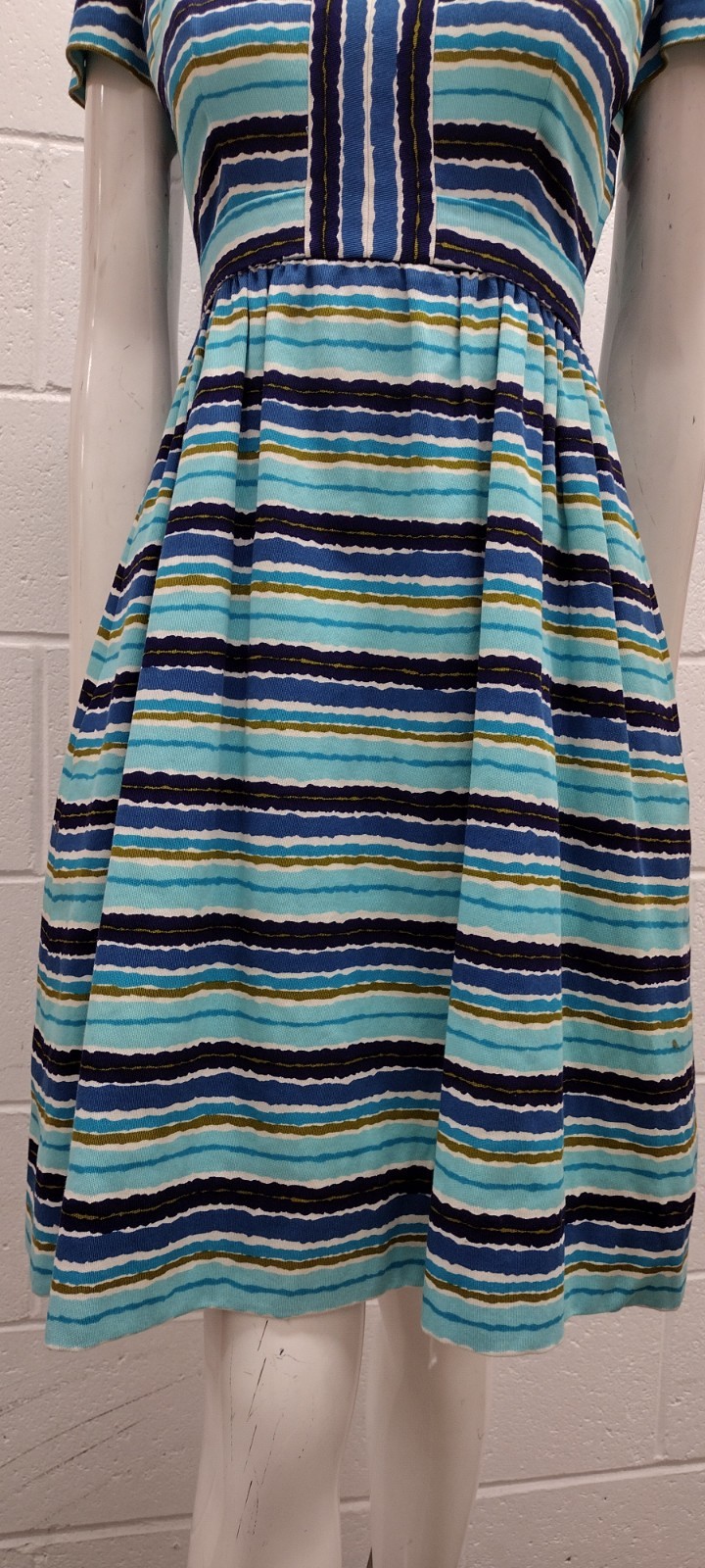 Vintage MCM Papillon Dress Audrey Style Mid Century Stripes Avocado Blue W 24″