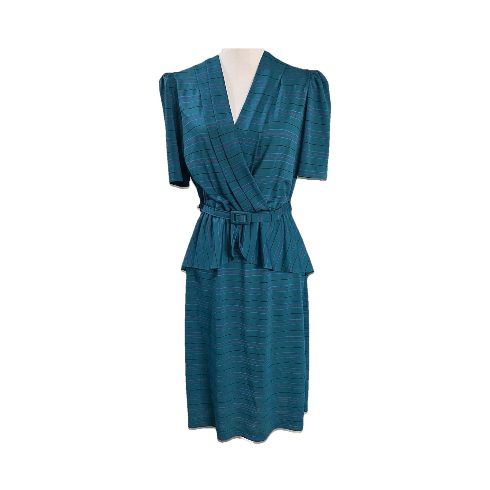Vintage David Robin by Yvette Teal Peplum Polyester Dress Size 11/12