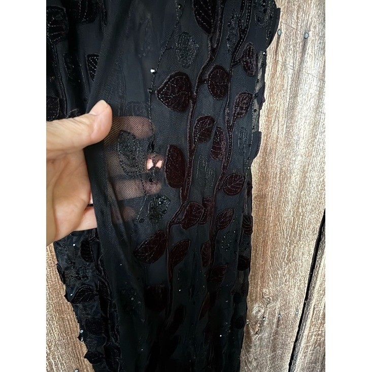 Vintage Black Sheer Duster Leaf Velvet Witchy Goth Beaded Maxi Open Front 59″