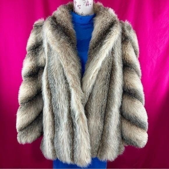 Vintage Faux Fur Striped Coat Brown Short Large Mob Wife Glam Luxury Chic