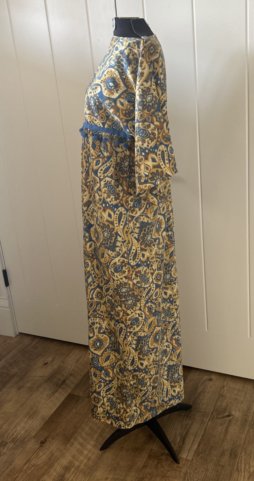Vintage 1960’s Handmade Gold/Blue Paisley Print Caftan Maxi With Ball Fringe M