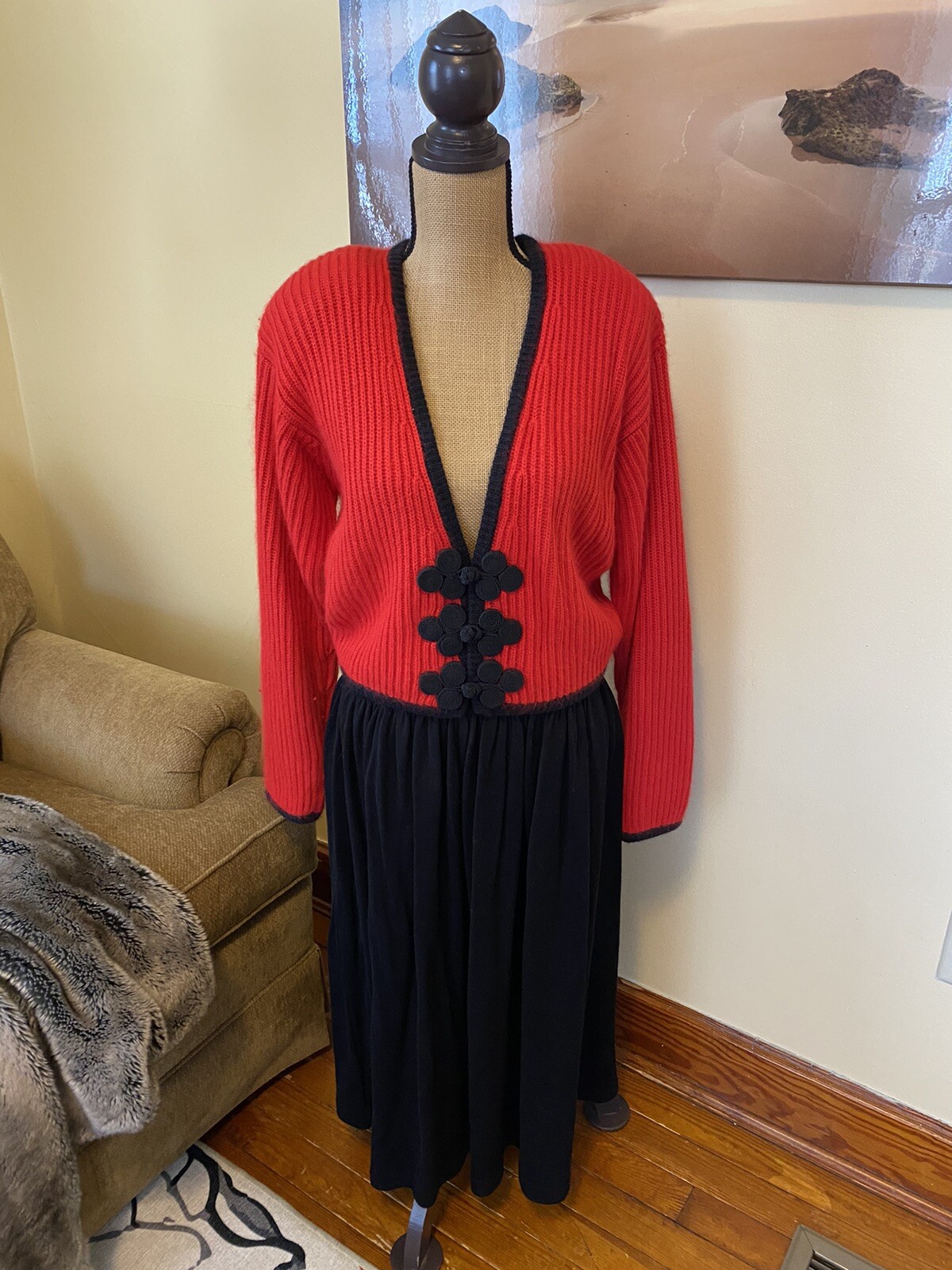 VTG 80s Liz Claiborne Red Black silk angora sweater Carol Little wool skirt S￼/M