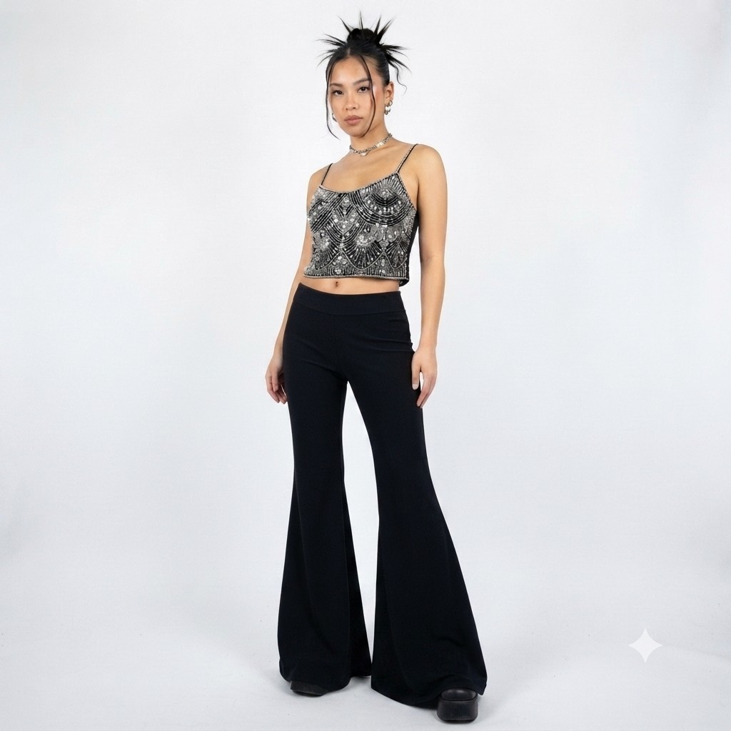 Flared Y2K Low Rise Black Pants M Bell Bottoms Palazzo Cyber punk Rave Festival