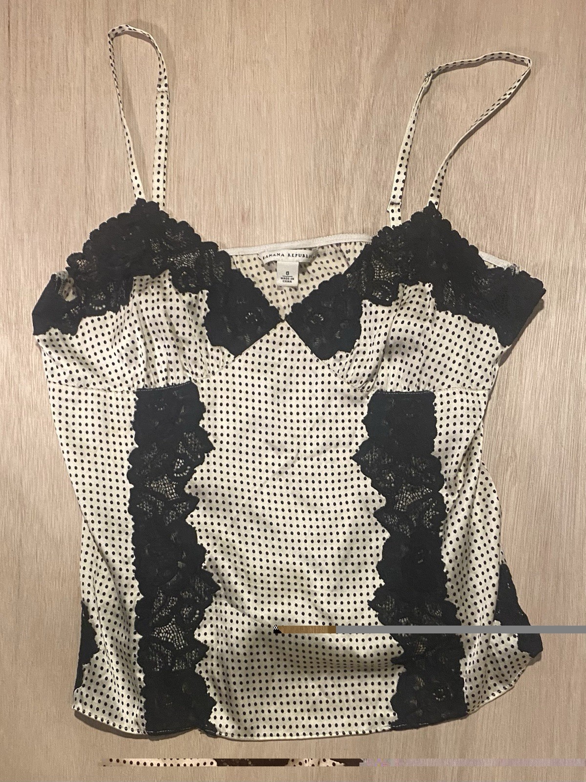 Vintage Y2K Banana Republic Silk Cami in Ivory w/Black Pin Dots & Lace Trim