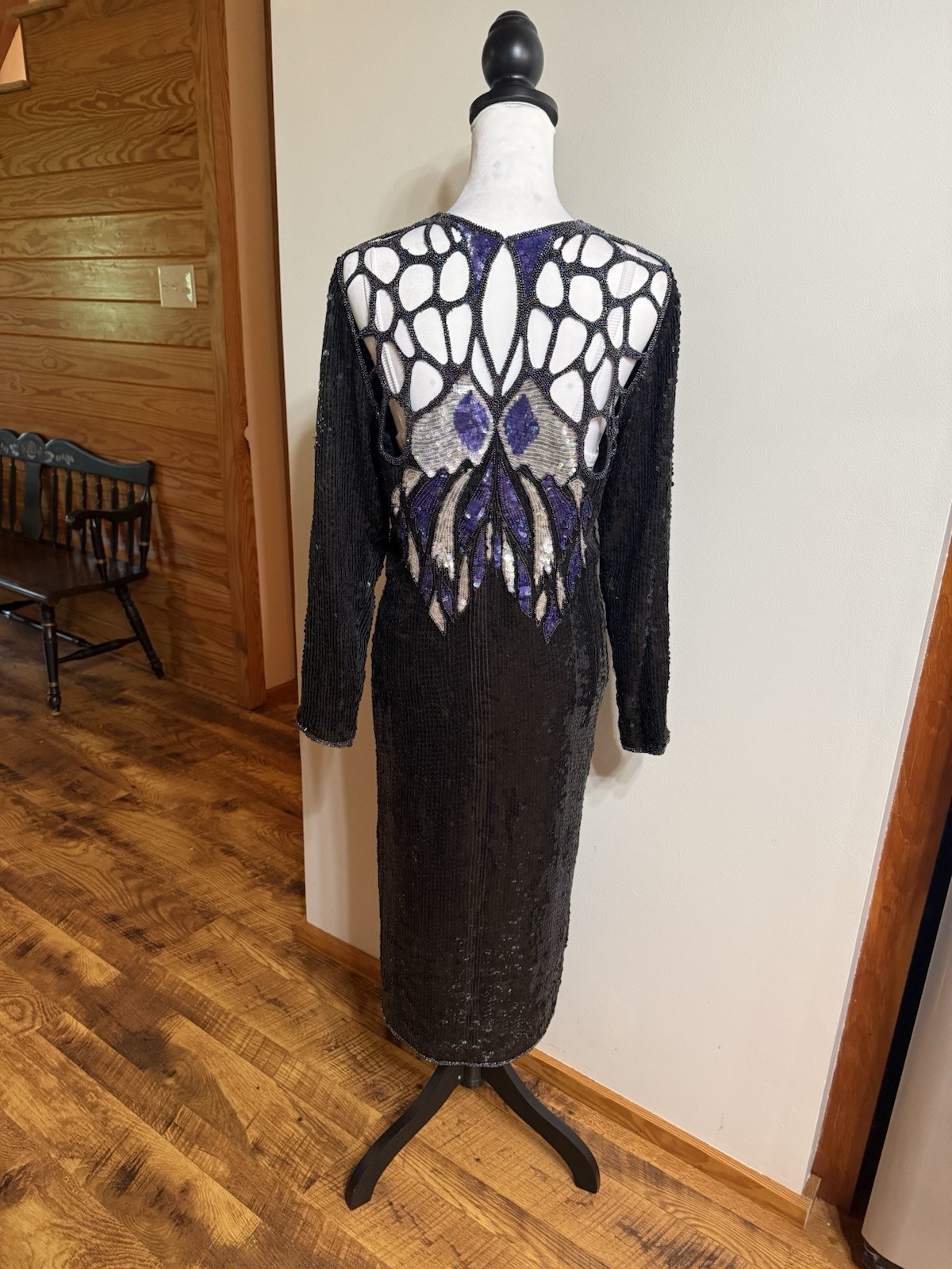 Vintage 1980s HEAVILY Beaded Black Silk Cut Out Butterfly Party Dress Sequins M