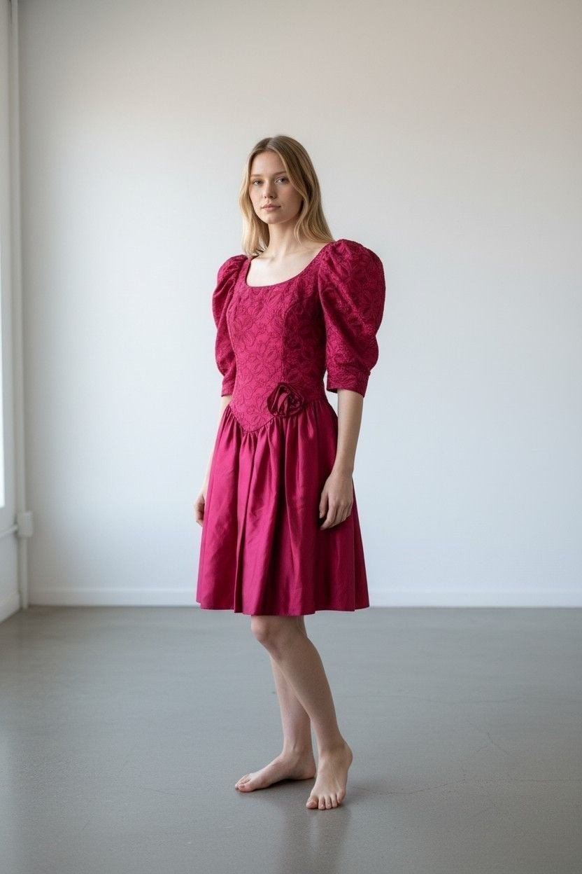 Vintage 1980s Burgundy Lace and Satin Puff Sleeve Party Dress sz 7/8