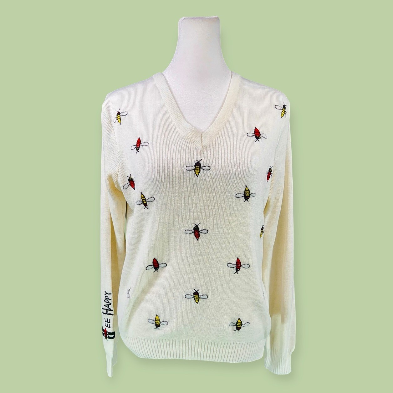 VTG ACRYLIC KNIT “BEE HAPPY” SWEATER BUGS POP ART MOD NOVELTY WHIMSICAL KITSCH