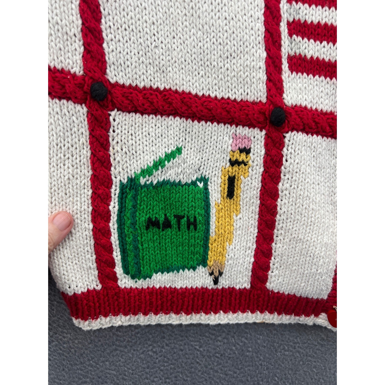 Vintage The Eagle’s Eye Hand Knit Teacher School Cardigan Sweater Cream Red 1993
