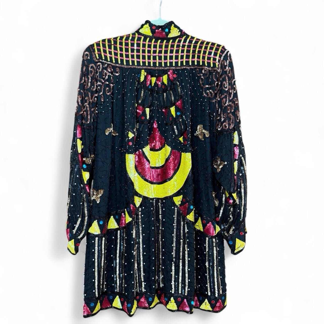 Vintage 100% Silk Hand Beaded Sequin Jacket Duster Made in India Free Size