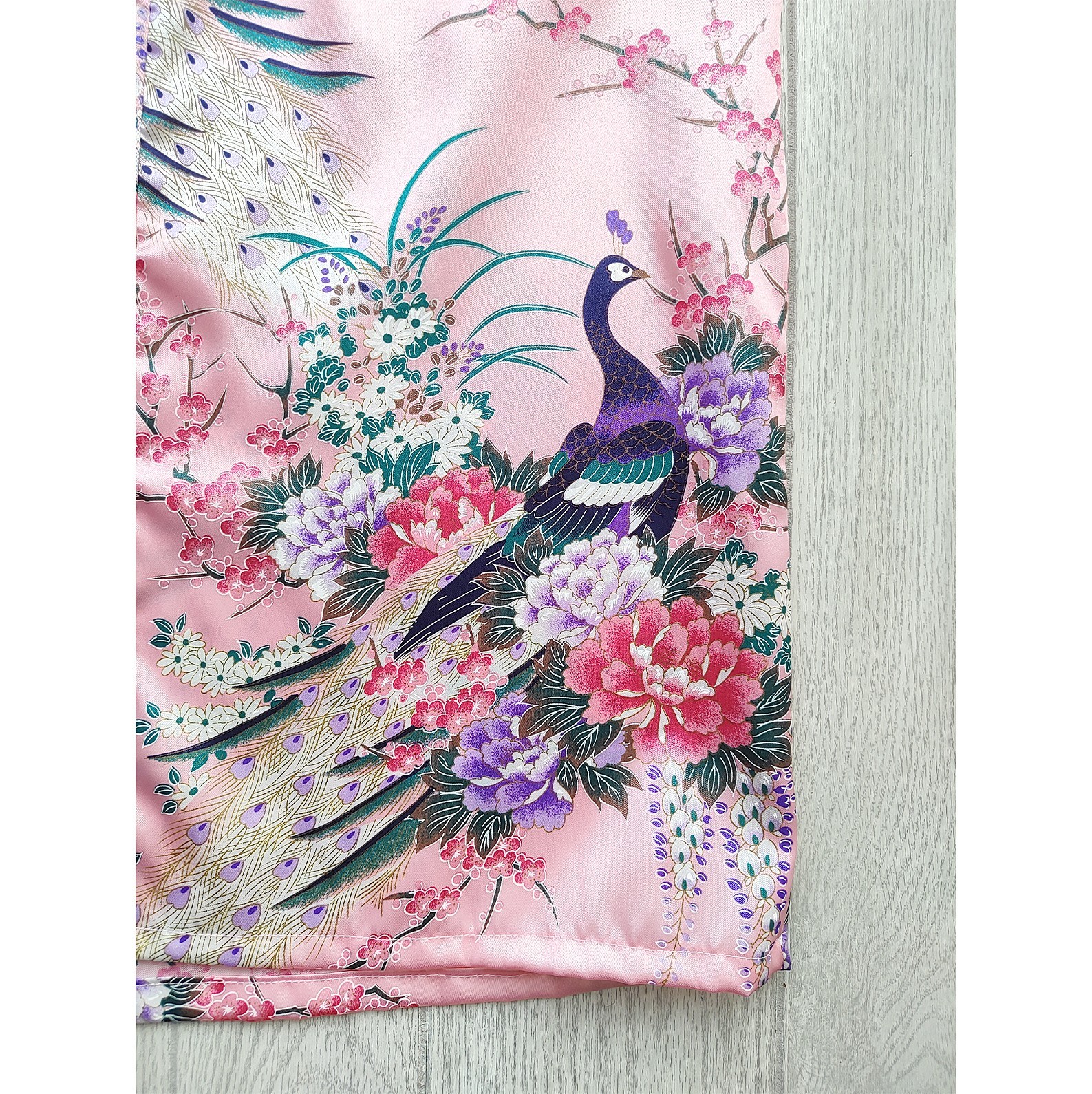 Vintage 90s Pink Satin Kimono Jacket Robe Juguemm Peacock Floral Fairy Open 35″