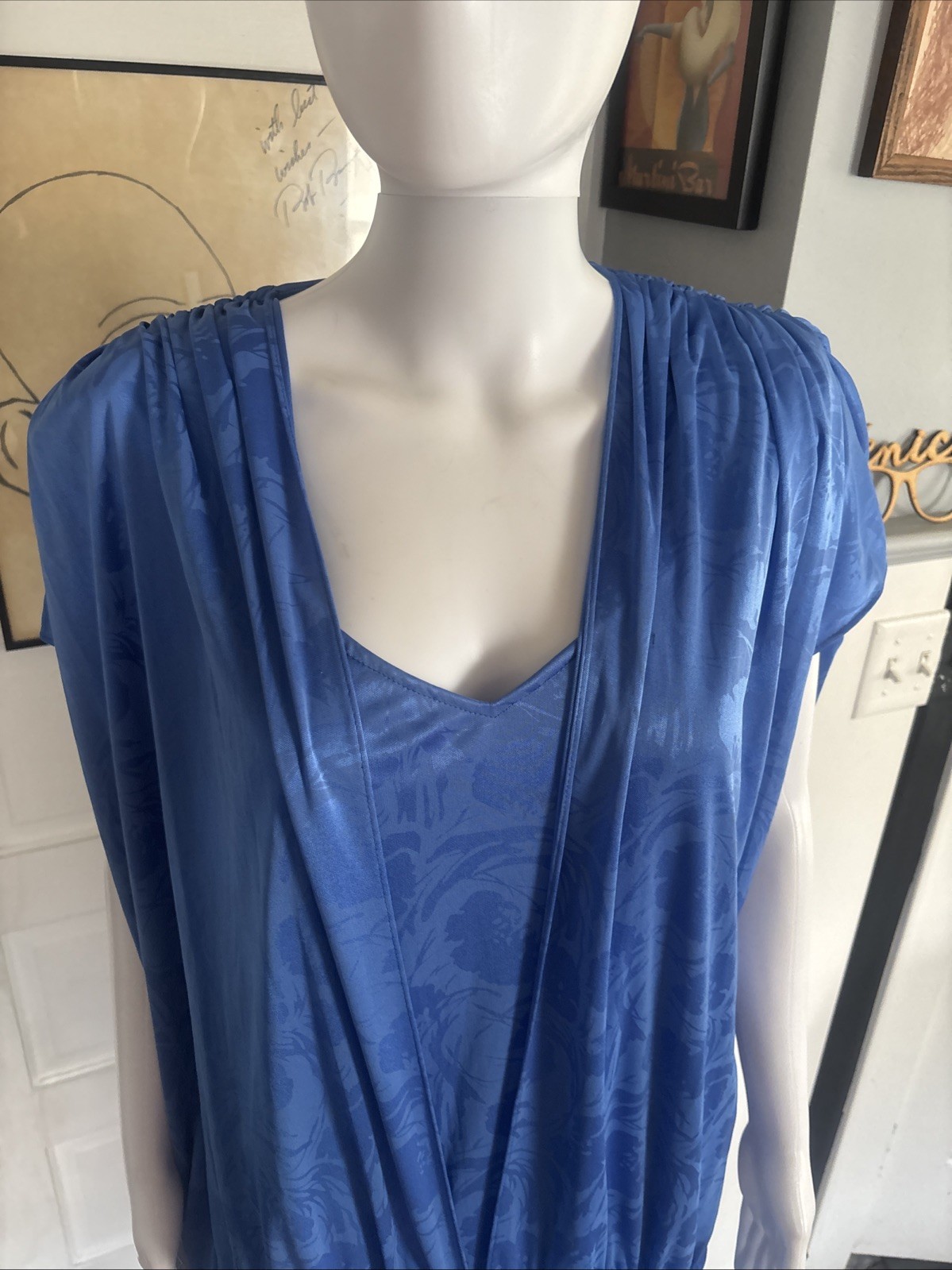80s RICCARDO Drop Waist Dress Blue Size 16.5 USA made Silky Floral Shoulder Pads