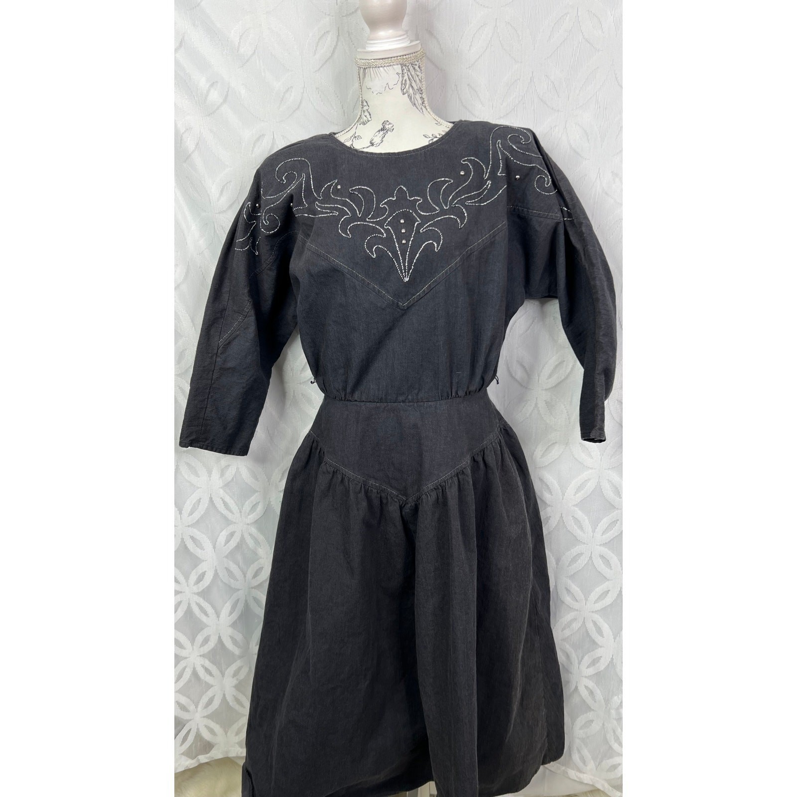 Vintage PG Collections Ginger Bort Black Denim Western Midi Dress Size 10