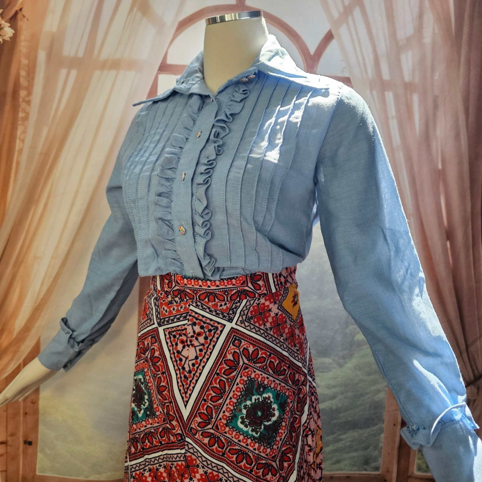 Vintage 1970s Light Blue Ruffled Tuxedo Blouse Pintuck Top Pointed Collar