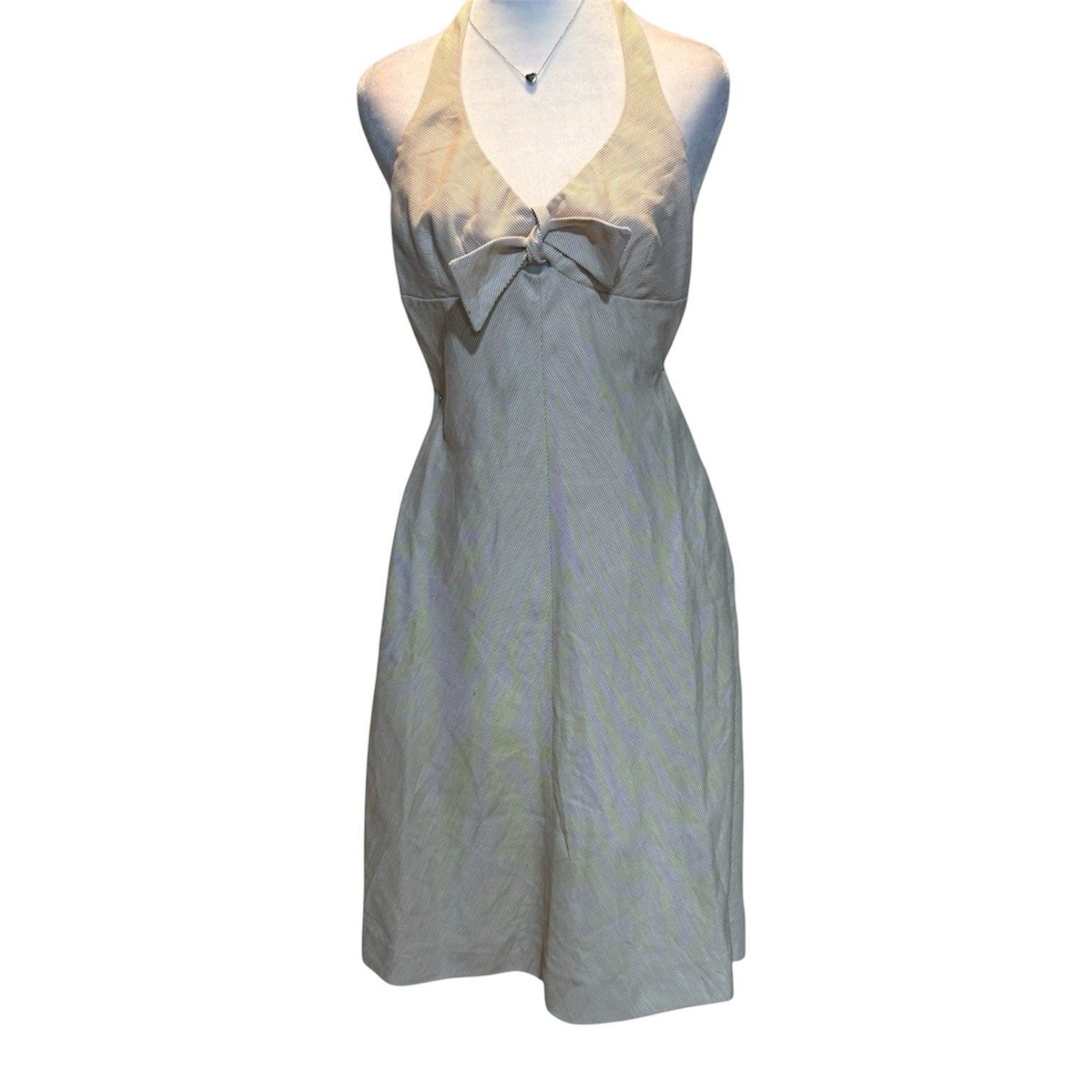 VINTAGE 70s Emily Just Emily Halter Dress – Seersucker Tan Pinstripe SUMMER