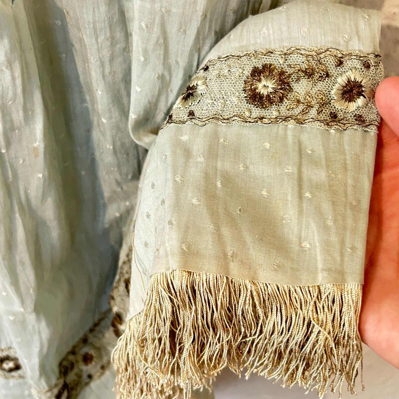 READ AS IS Antique Edwardian Blue Dress Fringe Trim Embroidered Study Fragile