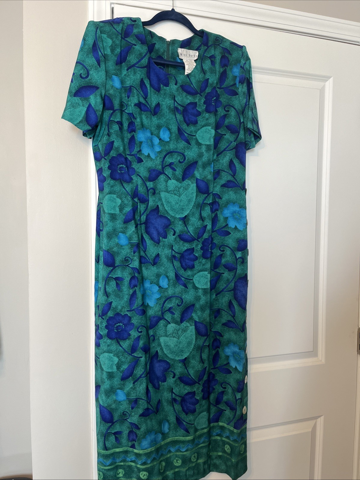 Vintage 80s Miss Dorby Long Dress Blue & Green Floral Shoulder Pads Sz 14