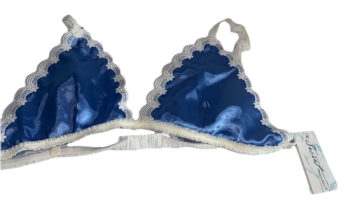 NWT VTG Secret Treasures Satin & Lace Triangle Bralette Sz L Blue Coquette Boho
