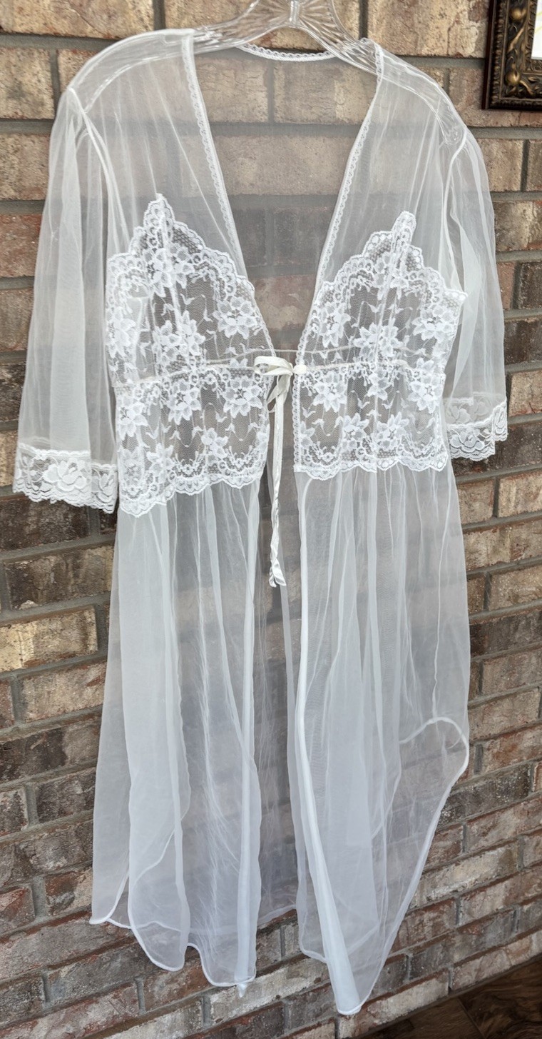 Vtg Taryn Alexander White Bridal Chiffon Lace Peignoir Nylon Nightgown Robe M