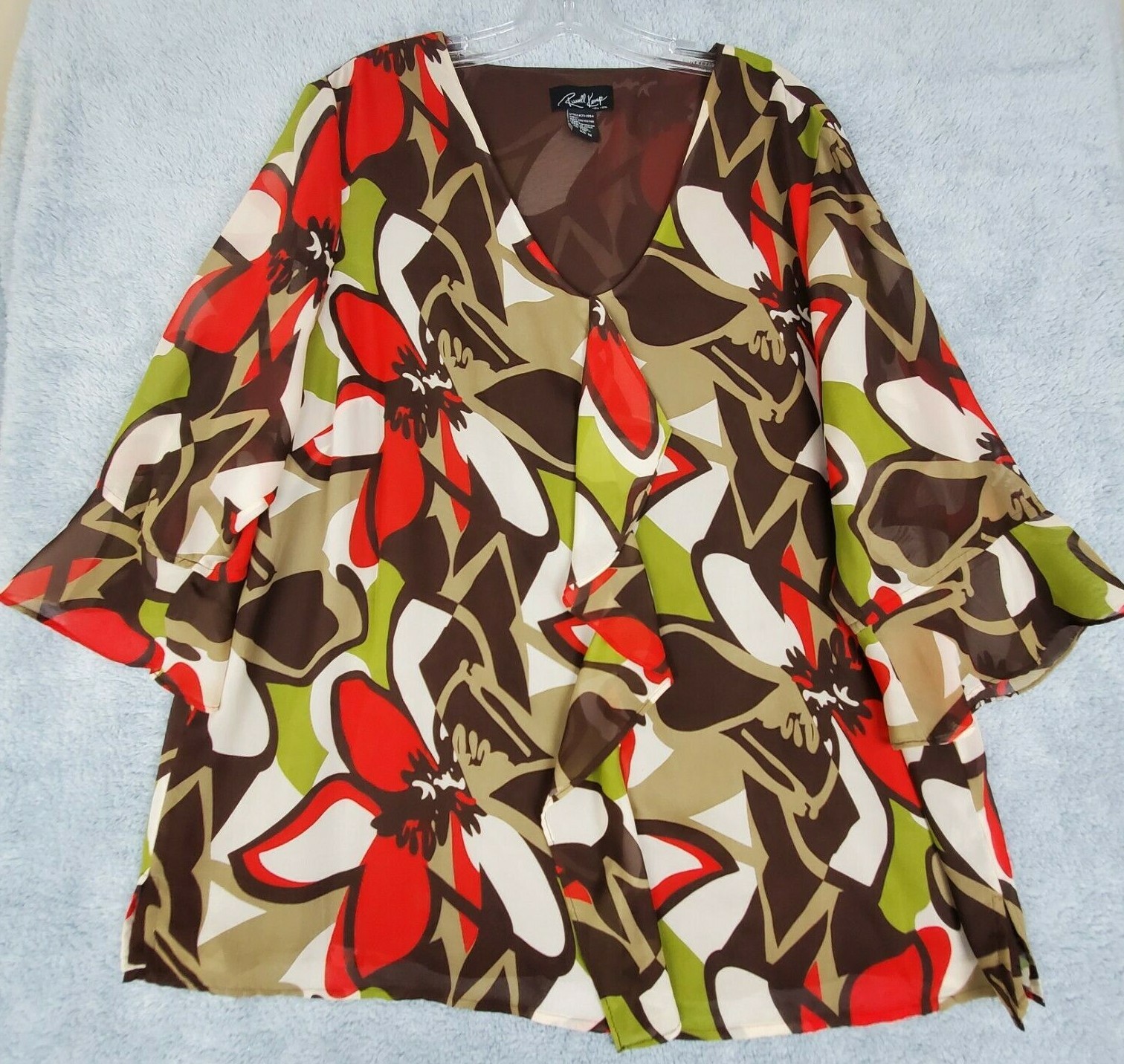 Vtg Russell Kemp Sz 1X Floral Ruffle Blouse Peplum Sheer Sleeve Mod Style Brown