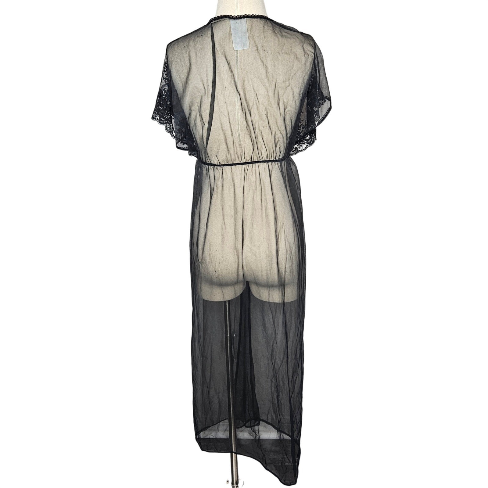 Vintage ILGWU Black Sheer Mesh Lace Maxi Robe Duster Women Medium Made in USA